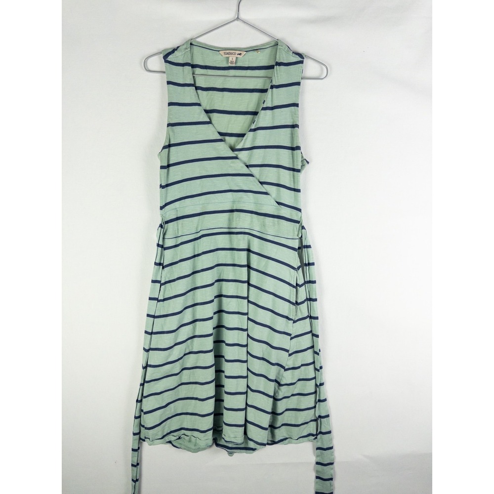 Toad&Co Striped Wrap Dress Womens S Mint Green Navy Sleeveless Coastal Boho
